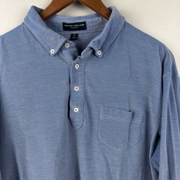 Peter Millar Collection Men’s XL Blue Shirt Silk Cotton Polo Long Sleeve Pocket - Picture 3 of 9